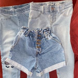 Two pairs of stretch denim leggings and jean shorts